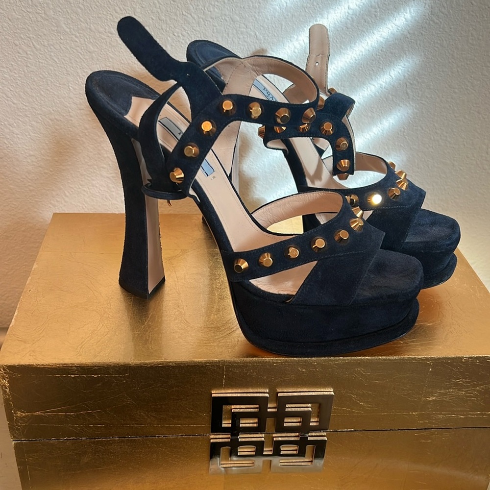 Prada Suede Platform Studded Sandal Blue Gold